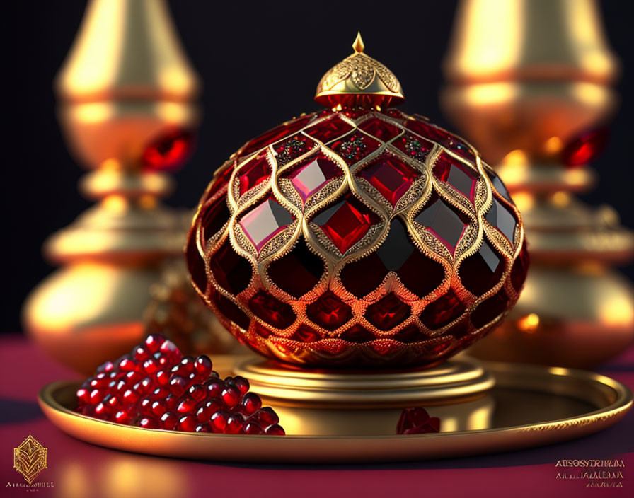 Golden sphere with lattice patterns and rubies on gold platter with pomegranate seeds.