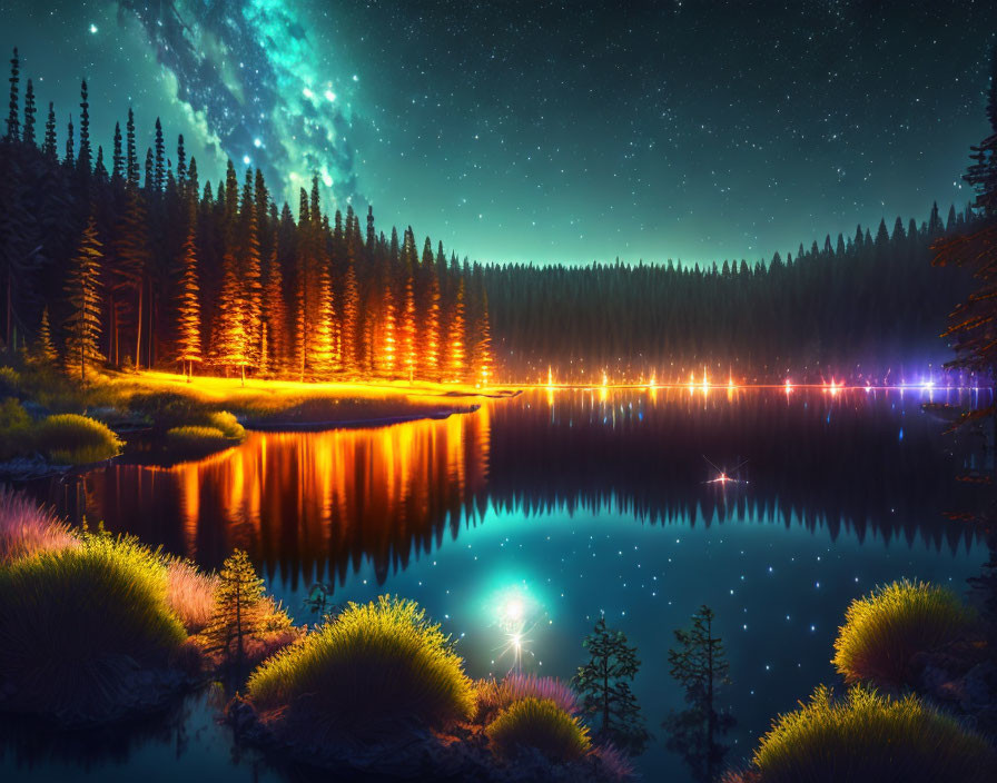 Tranquil forest lake under starry night sky