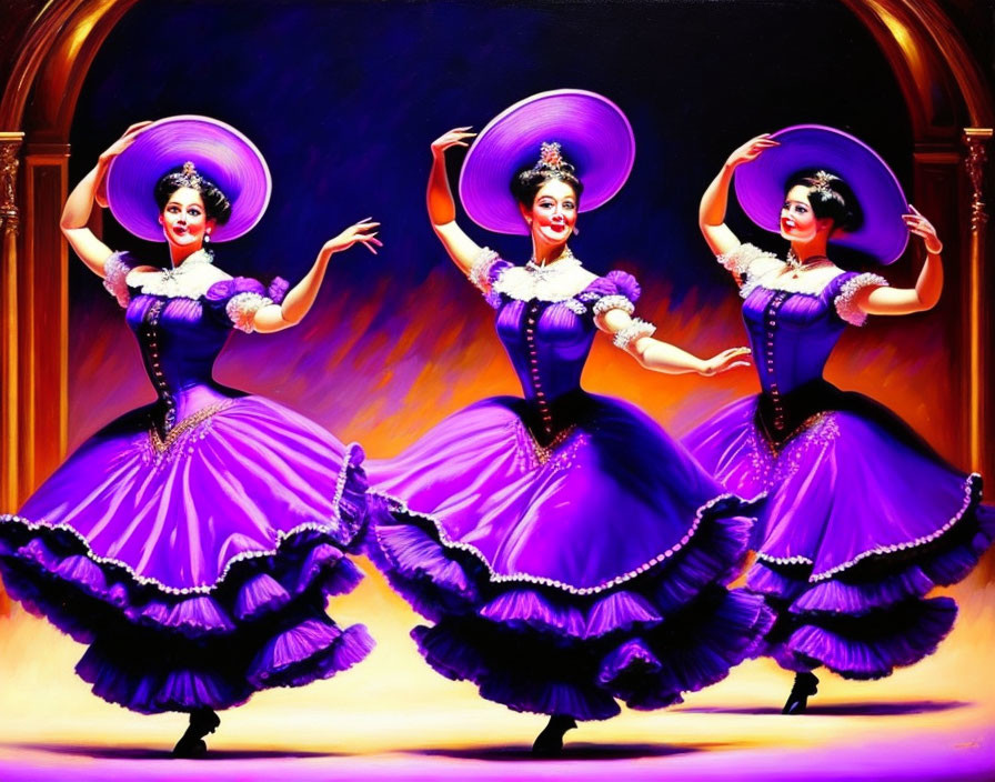 Vibrant Purple Dresses and Hats: Three Dancers Performing on Stage