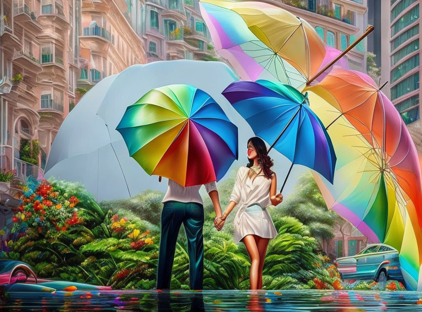 Couple Holding Hands Under Colorful Umbrellas in Wet City Scene