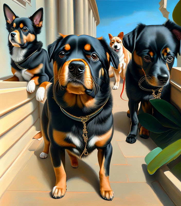 Three Dogs on Staircase: Rottweiler, Black & Tan, White/Brown