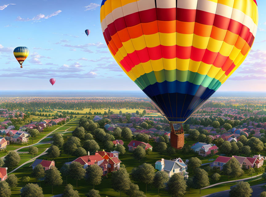 Vibrant hot air balloons soar above suburban neighborhood with green trees and homes