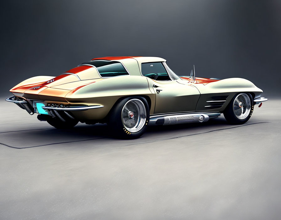 Vintage Corvette with two-tone design and side exhaust pipes on gray backdrop