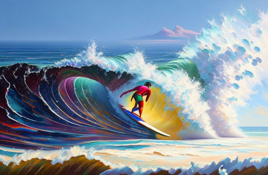 Colorful Surfer Riding Wave with Mountain Backdrop