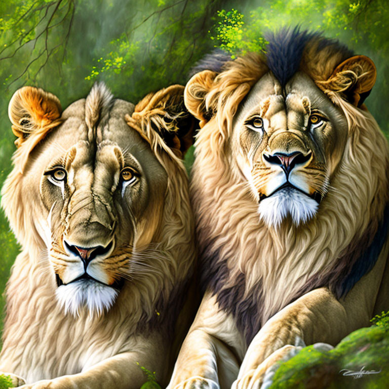 Two lions with human-like eyes in lush green forest