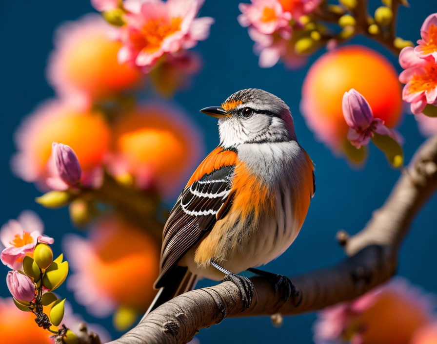 Colorful Bird Perched Among Pink Blossoms and Blue Sky