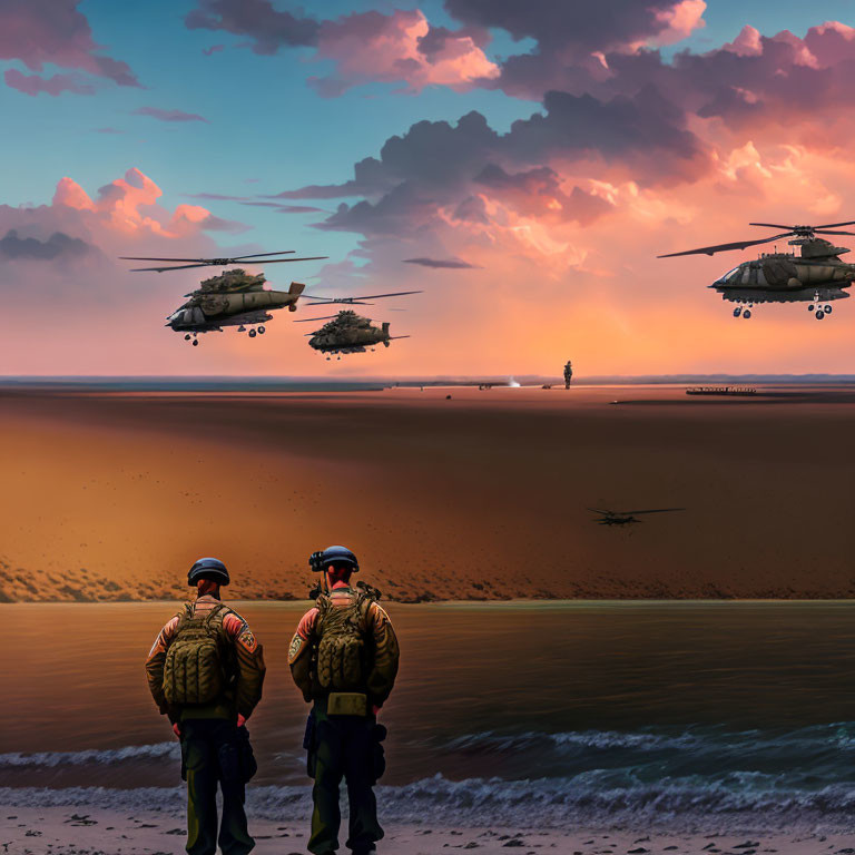 Military personnel watching helicopters above beach at sunset