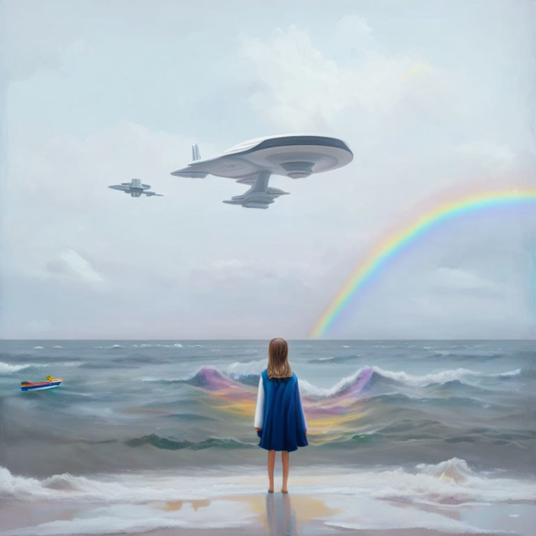 Child in Blue Cloak Watches Rainbow and Futuristic Ships on Beach