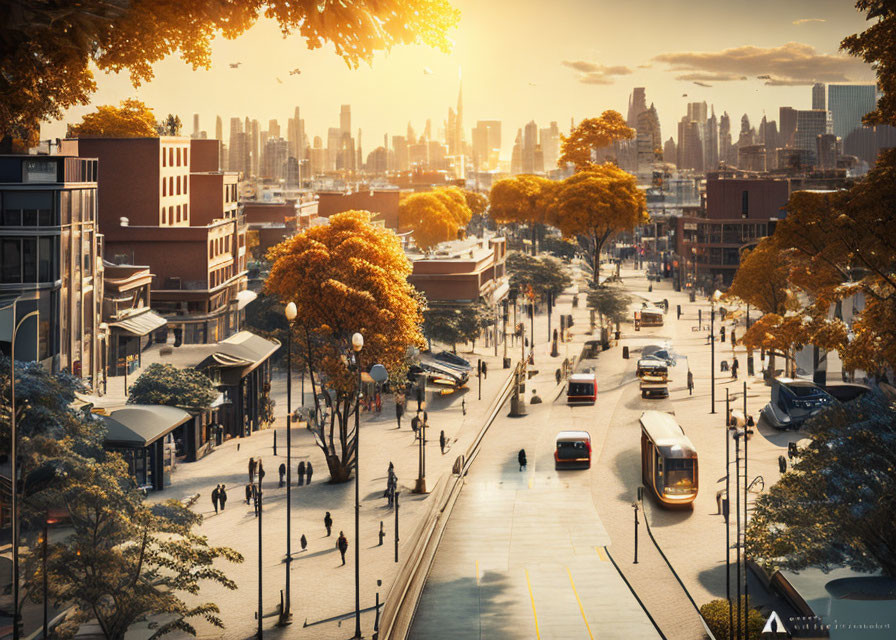 Cityscape with pedestrians and buses at golden hour