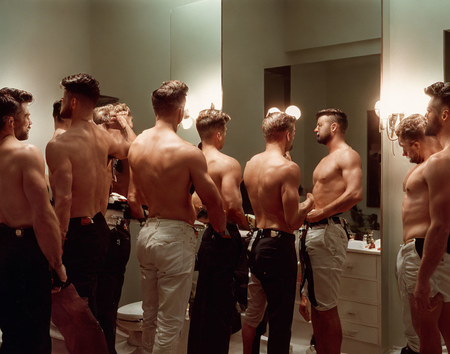 Group of Shirtless Men with Similar Haircuts Standing in Front of Mirror