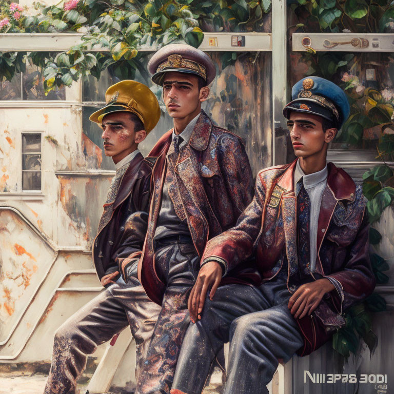 Three young men in ornate military-style outfits against greenery and a faded wall