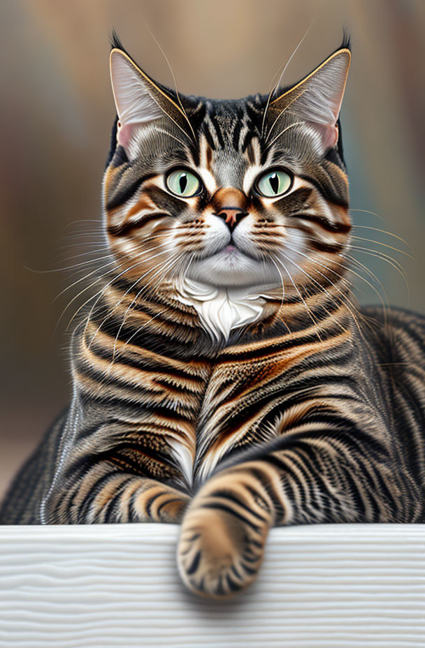 Detailed Tabby Cat with Green Eyes and Stripes Resting Paws