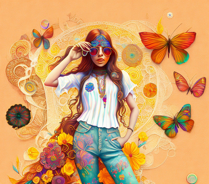 Colorful Retro Hippie Woman Illustration with Butterflies