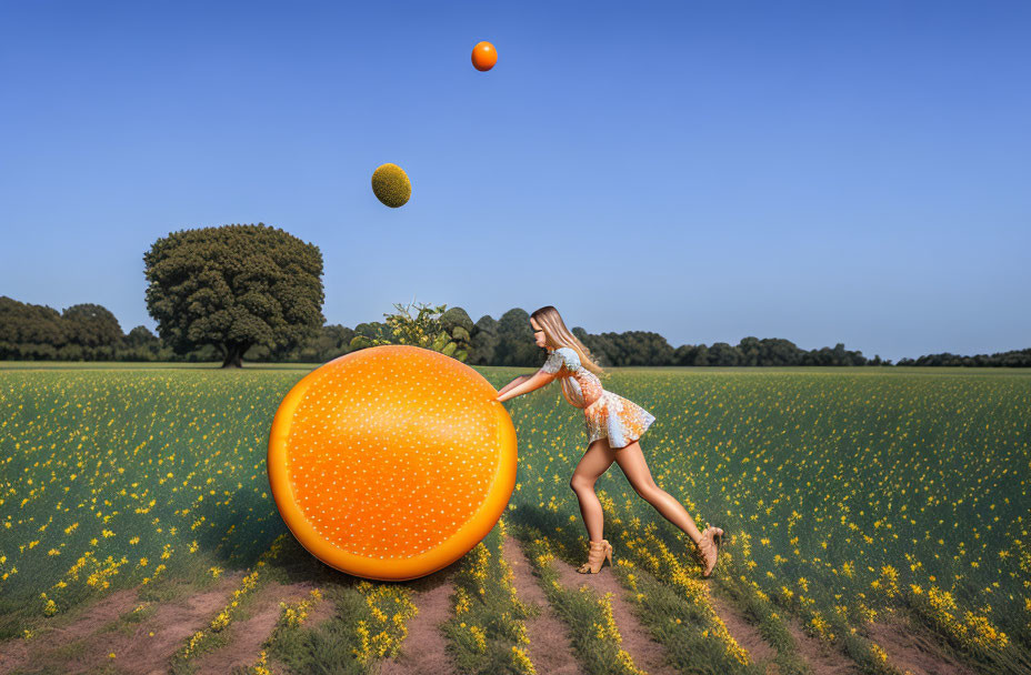 Woman in summer outfit pushing large 3D citrus fruit in field