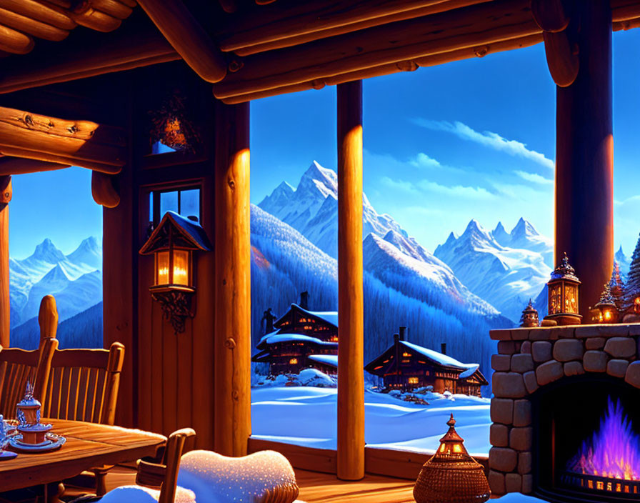 Snowy Mountain View: Cozy Cabin Porch with Fireplace & Lantern