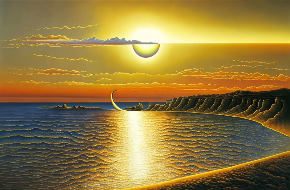 Vivid sunset over wavy sea with boat silhouette, cliffs, and solar eclipse