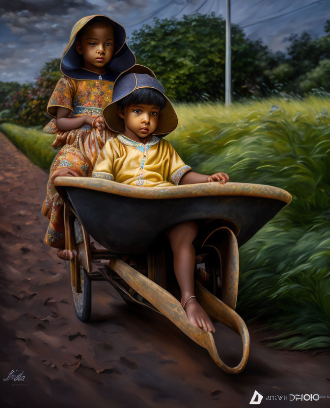 Children in traditional clothing pushing wheelbarrow in lush rural setting