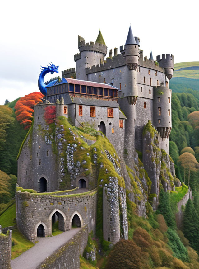 Medieval Castle on Hill with Towers, Moss-Covered Walls, Autumn Trees, and Blue Dragon