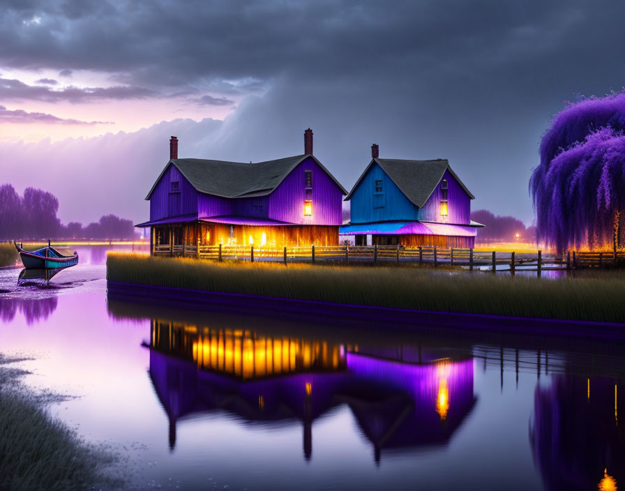 Twilight scene: Three purple houses by lake with boat, willow trees, and purple sky