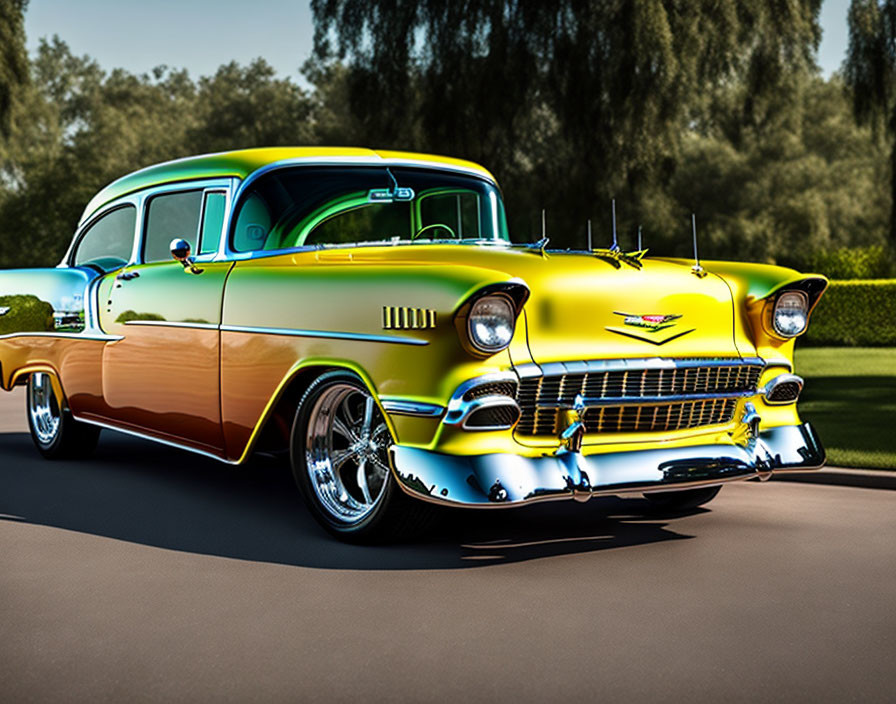 Vintage yellow and green car with chrome accents on grassy backdrop