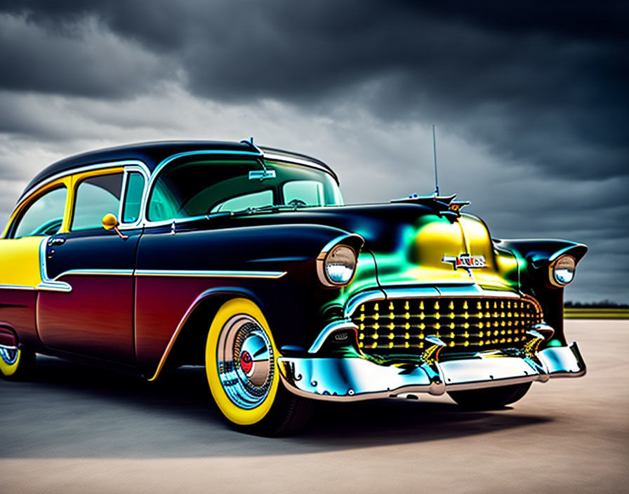 Classic two-tone sedan on tarmac under dramatic cloudy sky