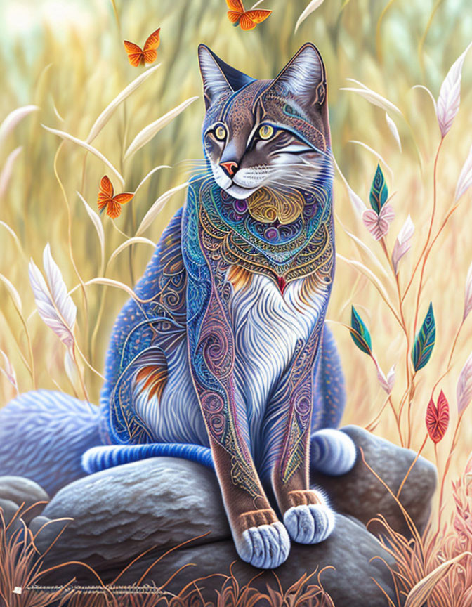 Colorful Cat Illustration Seated on Rock with Butterflies