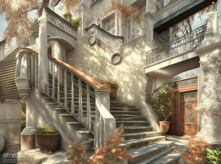 White staircase and terrace of classic building with greenery and autumn leaves in soft sunlight