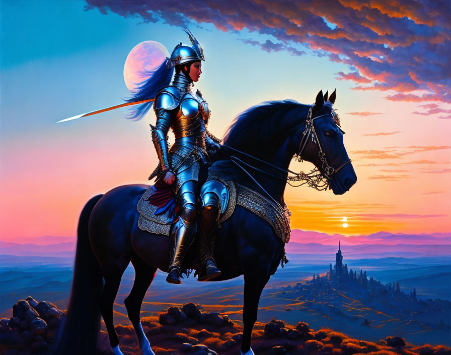 Knight on Black Horse Silhouetted by Sunset, Moon, and Clouds