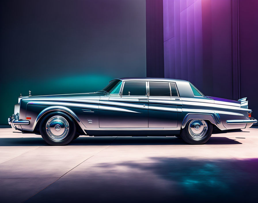 Classic Luxury Car with Chrome Details and Whitewall Tires on Purple Gradient Background