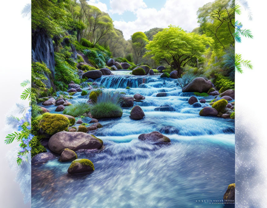 Tranquil stream flowing over rocks in lush greenery