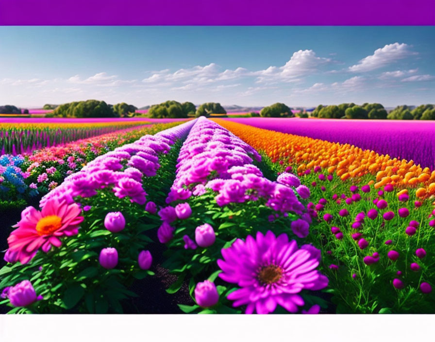 Colorful Flower Fields: Pink, Purple, and Orange Blooms in Clear Blue Sky