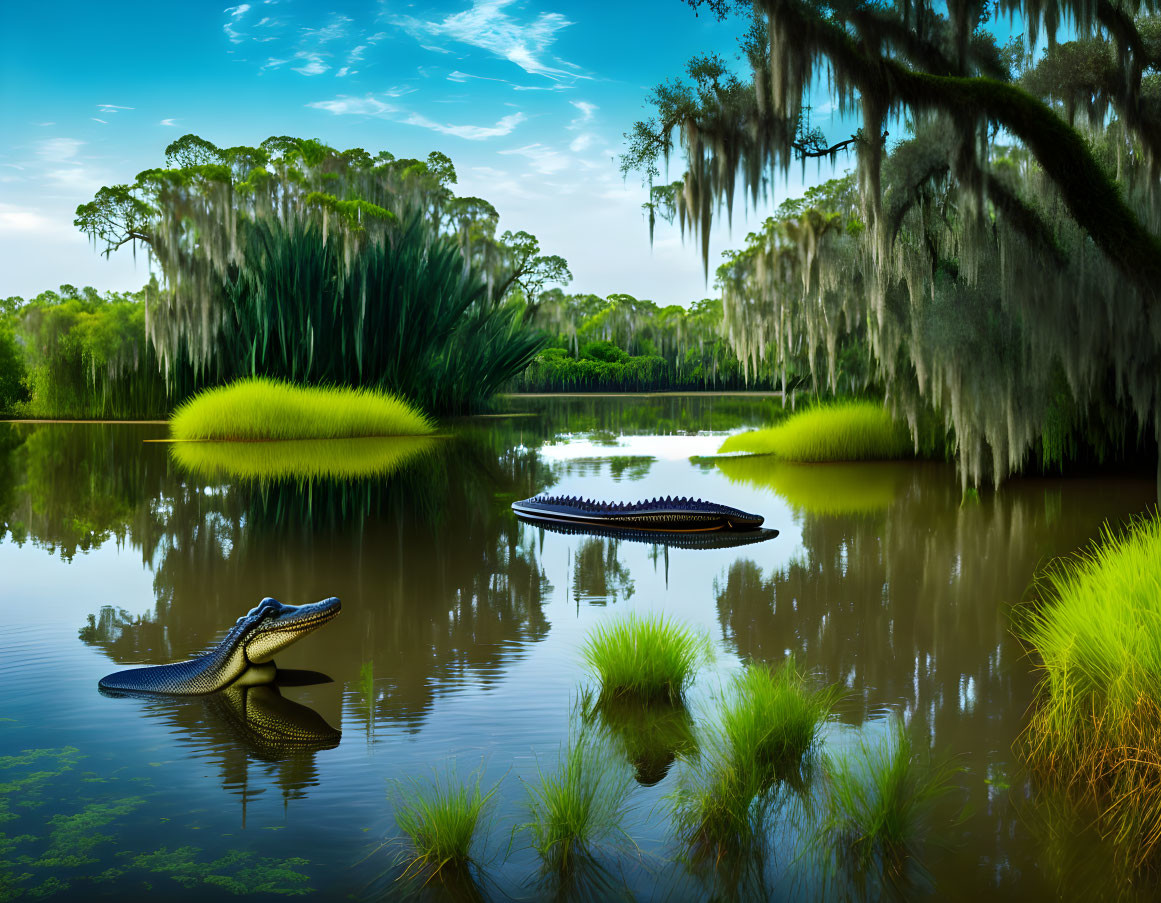 Tranquil swamp scene with lush greenery, Spanish moss, still waters, and resting alligators