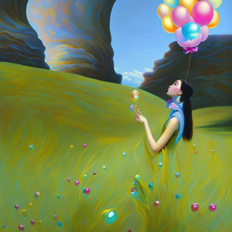 Colorful Balloons Held by Woman in Surreal Landscape