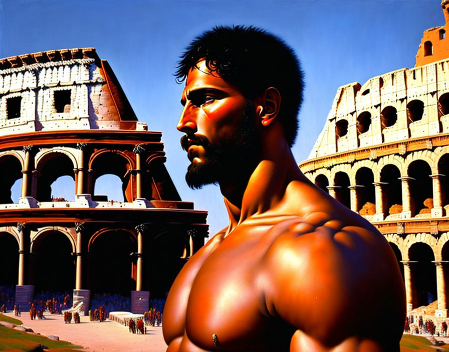 Muscular man profile illustration with Colosseum backdrop.