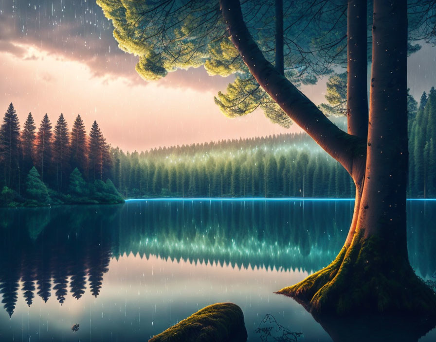 Tranquil lake with forest reflection under moody sky