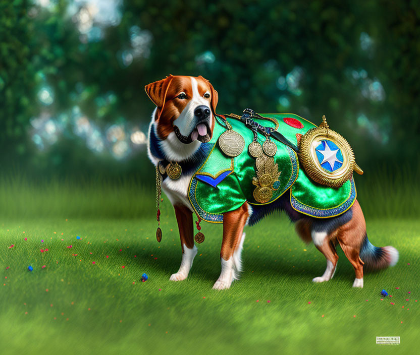 Colorful Beagle Dog in Costume with Medals on Grass