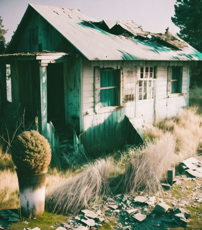 Weathered wooden house in overgrown grass under hazy sky