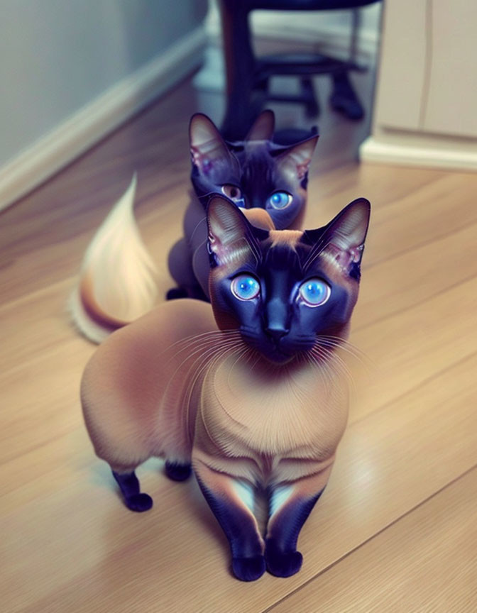 Siamese Cats with Blue Eyes on Wooden Floor