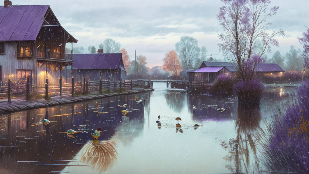 Tranquil pond with rustic wooden houses and ducks under rainy twilight sky