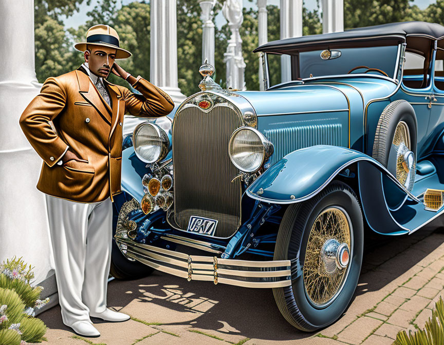 Vintage man in stylish outfit next to classic blue car in elegant garden.