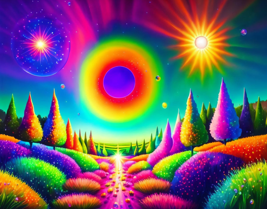 Colorful Psychedelic Landscape with Rainbow Path and Black Hole