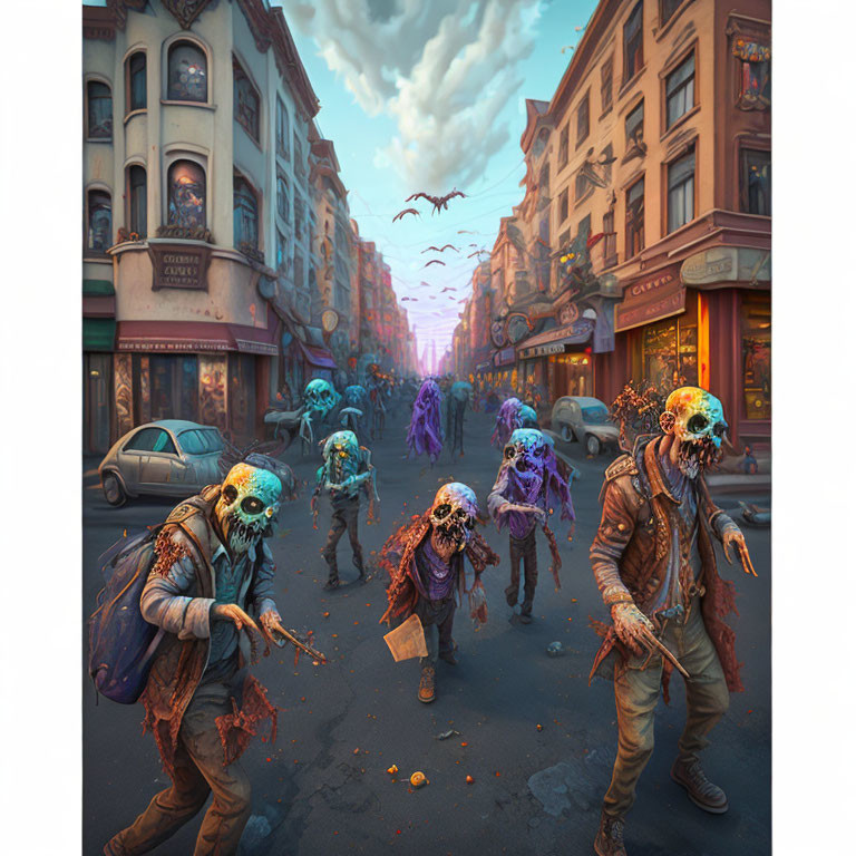 Horde of zombies in decaying city street with dark sky