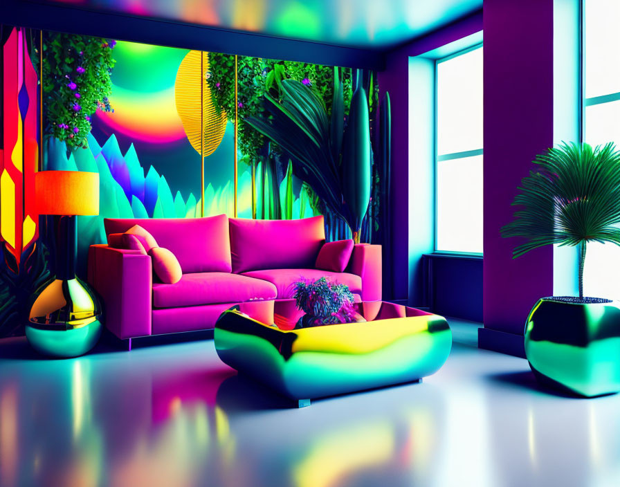 Modern living room with vibrant colors, neon lights, and tropical plants