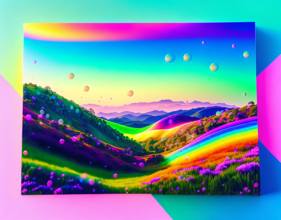 Colorful Rolling Hills & Rainbow Sky on Canvas with Pink Borders