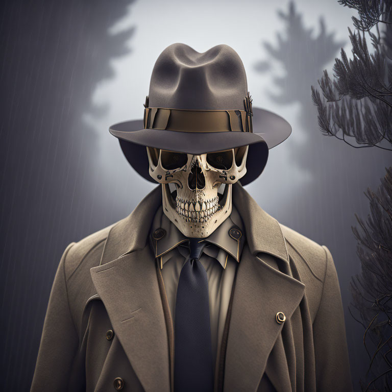 Skull-faced figure in fedora and trench coat in misty forest setting