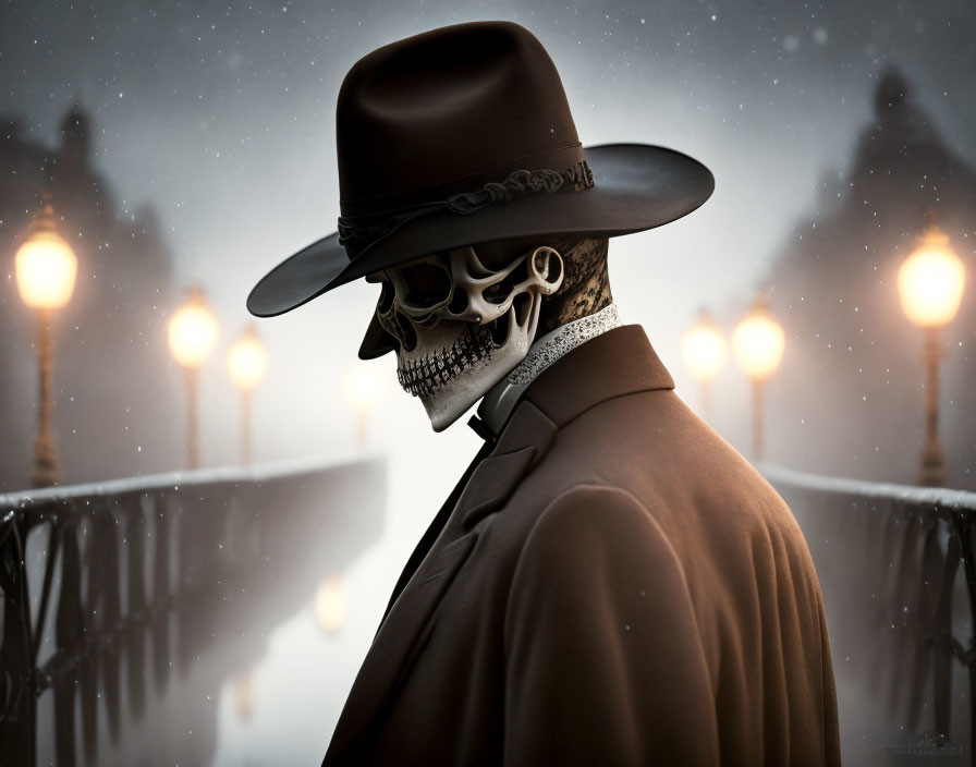 Skull-faced character in vintage attire on foggy, snowy bridge