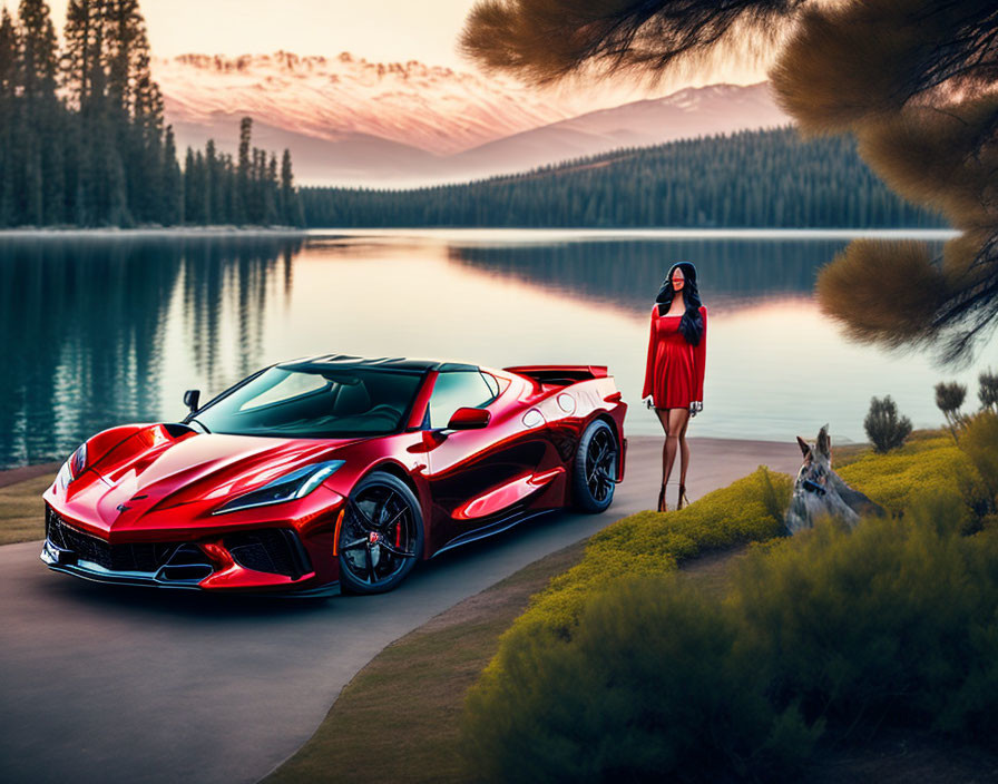 Woman in Red Dress and Mask with Sports Car, Dog, and Sunset Lake View