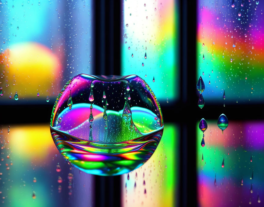 Colorful soap bubble with droplets on rain-speckled windowpane.