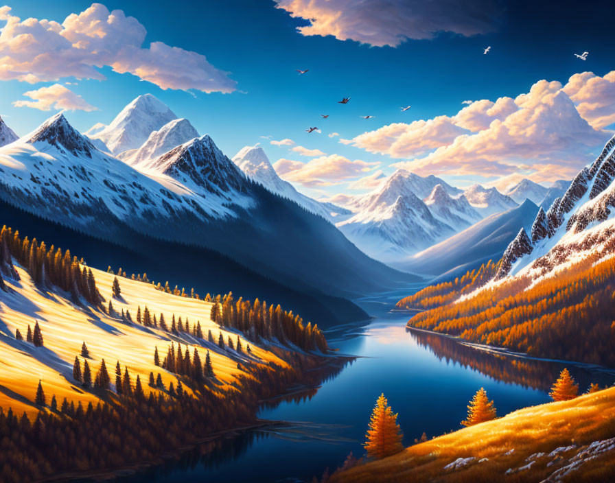 Scenic autumn river landscape with mountains and birds