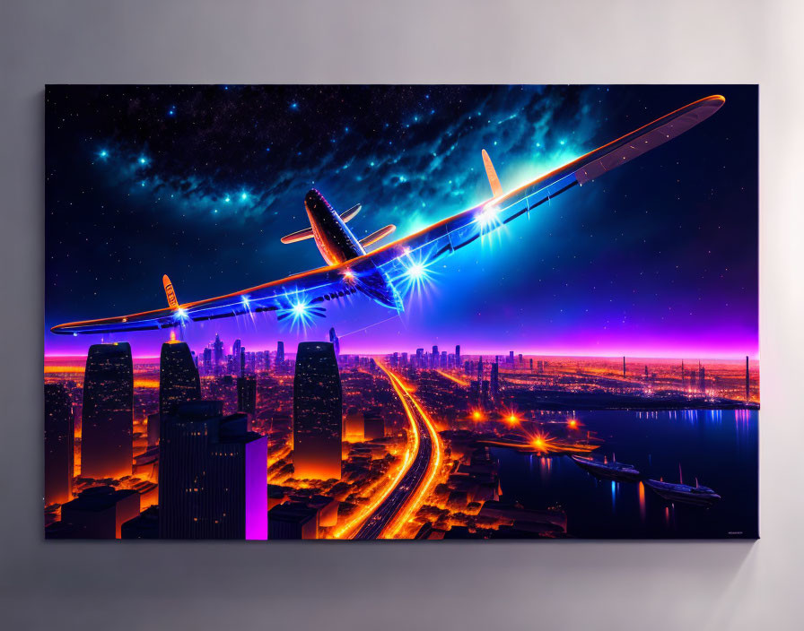 Airplane flying over neon-lit city skyline at night on canvas